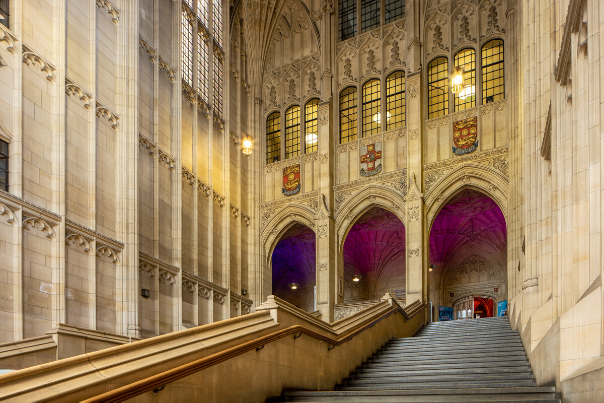 The staircase in the foyer of Wills Memorial Building, leading up to the Great Hall.